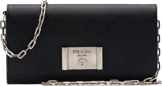 Prada-Saffiano-Lock-leather-flap-wallet-on-chain